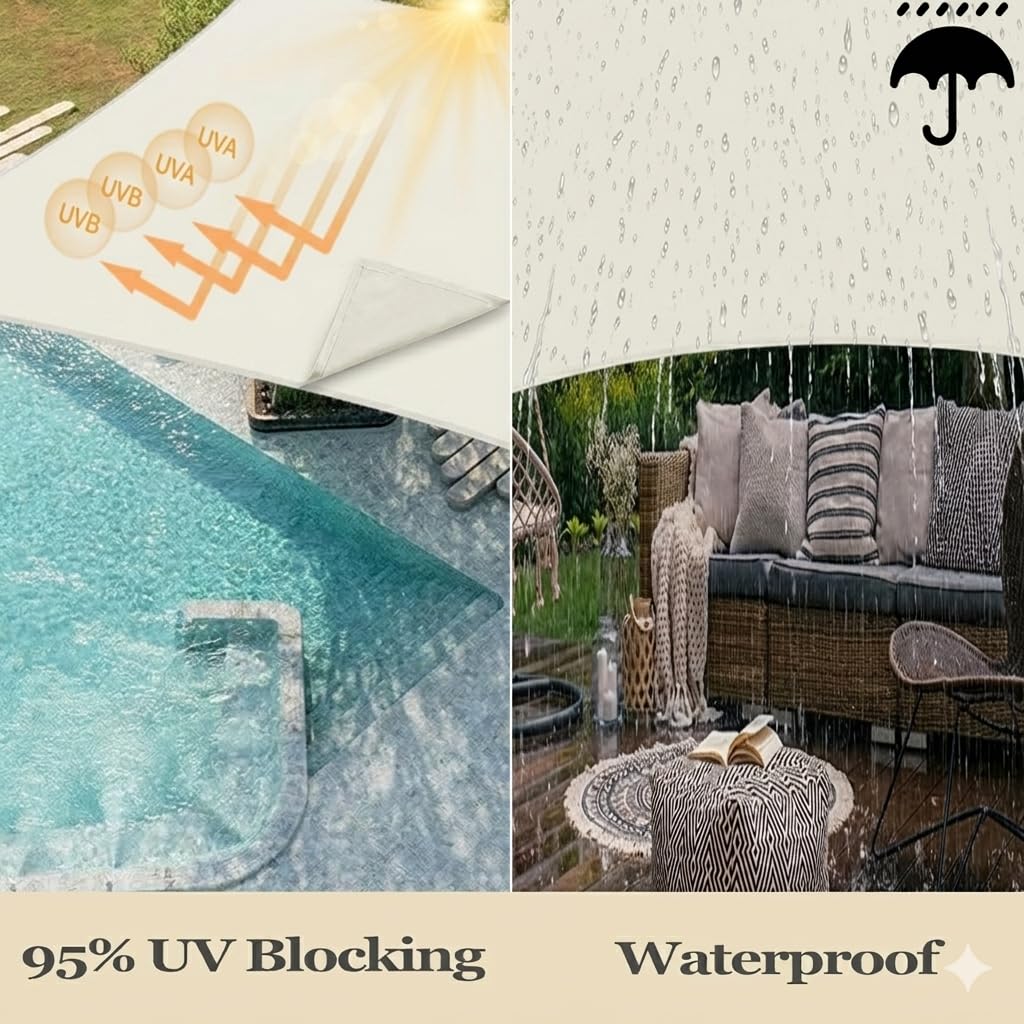 Toile pergola 1.9x3.7m Rectangulaire Voiles d'ombrage Imperméable Protection Anti-UV Store de Patio pour Jardins Balcons Terrasses avec Oeillets et Cordons, Blanc