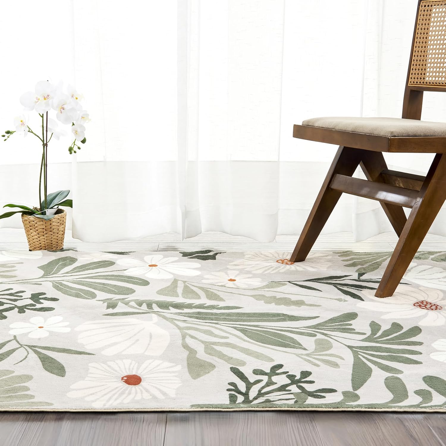 RoomTalks Cute Funky Bedroom Rugs Aesthetic Decor, 5x7 Washable Area Rug Non Slip Sage Green Boho Floral Botanical Rug Modern Abstract Throw Rug Accent Carpet for Living Room Kitchen Entryway Dorm