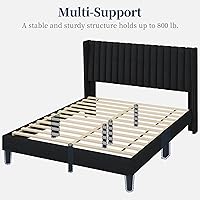 Vista 8 de Yaheetech - Base de cama tamaño queen con plataforma tapizada y cabecera de tela, diseño de borde ala, antideslizante y silenciosa, soporte de Negro