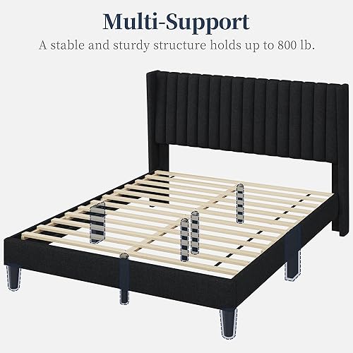 Miniatura 44 de Yaheetech - Base de cama matrimonial, plataforma tapizada con cabecera de borde ala, base de colchón de tela capitoné cuadrada, soporte de listones