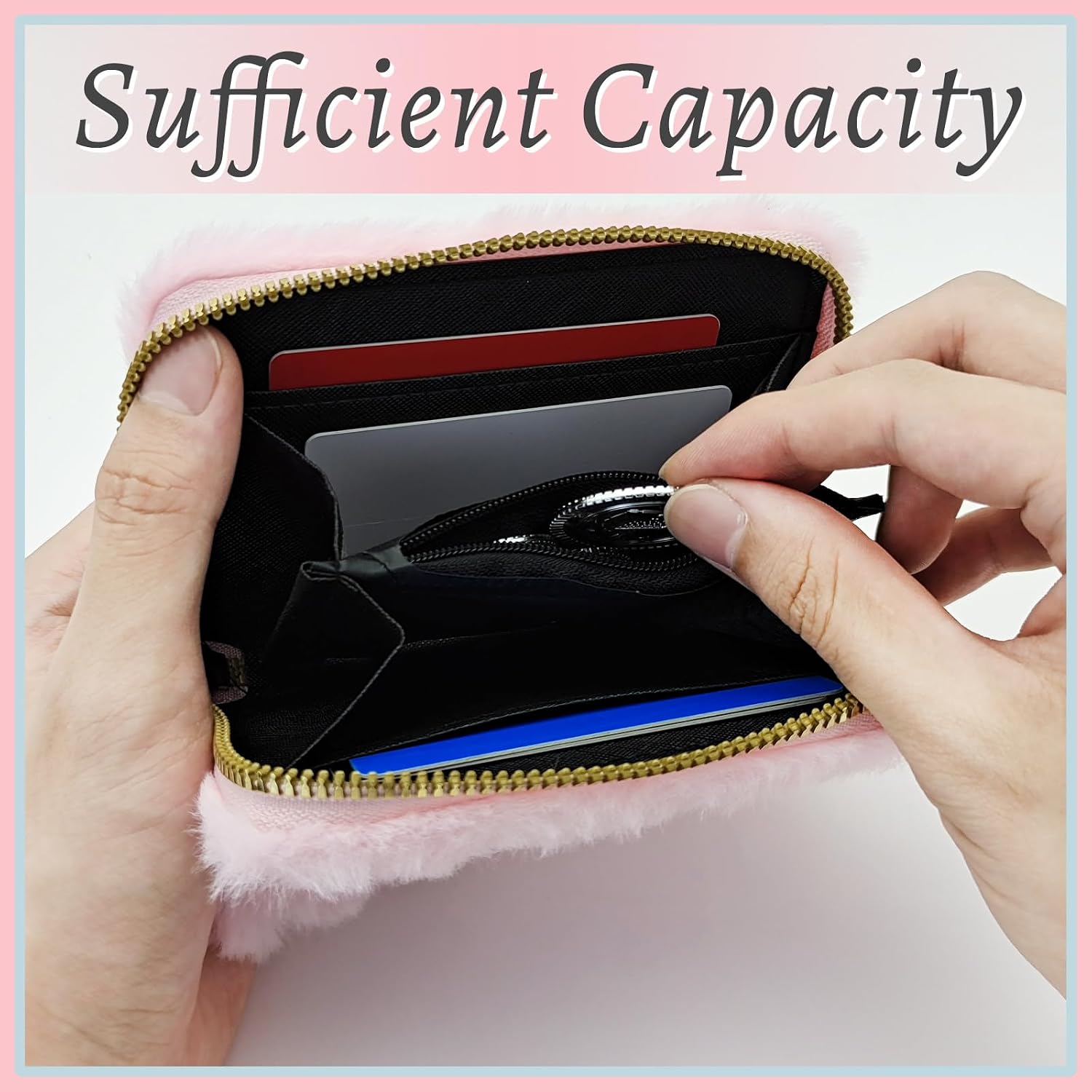 Credit Card Wallet, Soft Plush Women's Wallets Credit Card Holder, Heart-Shaped Embroidery Coin Purse Credit Card Wallet with Fur Ball Zipper for Bank Cards, ID Cards, Cashes, Coin (pink)