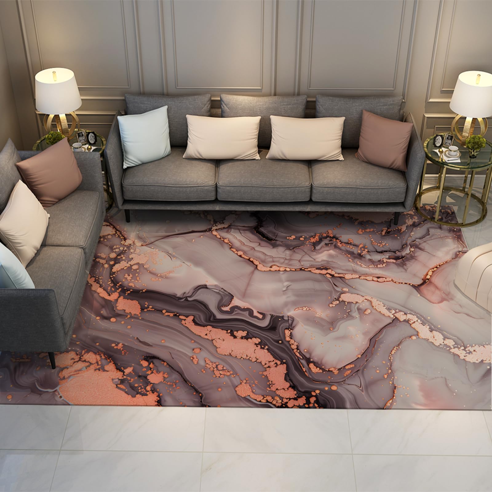 Tapis kaki salon moderne texture marbre pour une ambiance chaleureuse