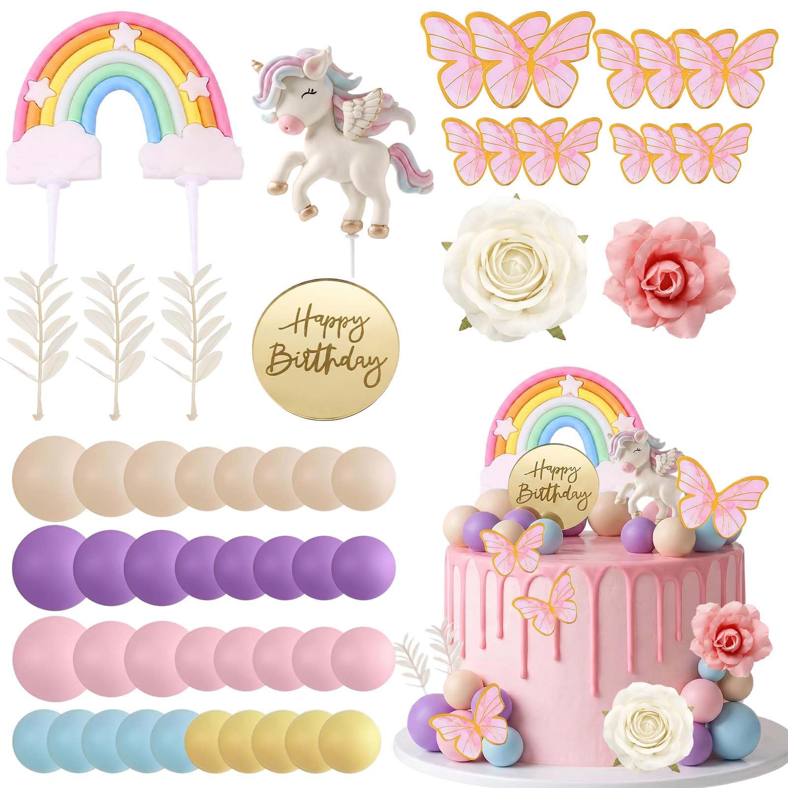 Unicorn Cake Topper 53PCS Unicorn Rainbow Pink Arch Cake Decorations Artificial Dried Flower Cake Insert Decoration Colorful Ball Cake Topper for Birthday Baby Shower Christmas Party