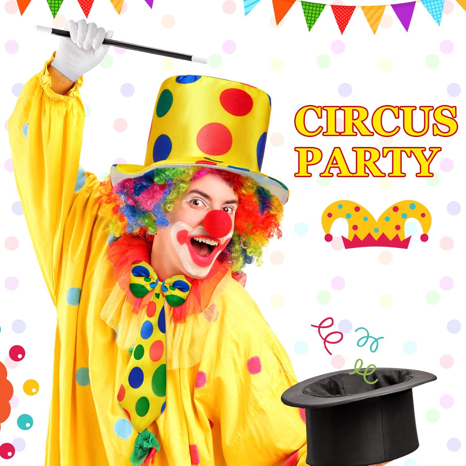 JaGely 7 Pcs Clown Costume Set Include Rainbow Wig Hat Clown Nose Bow Tie White Gloves Shoes Accessories Halloween Cosplay for Adults Parties Circus Carnivals Pretend Play - Image 4