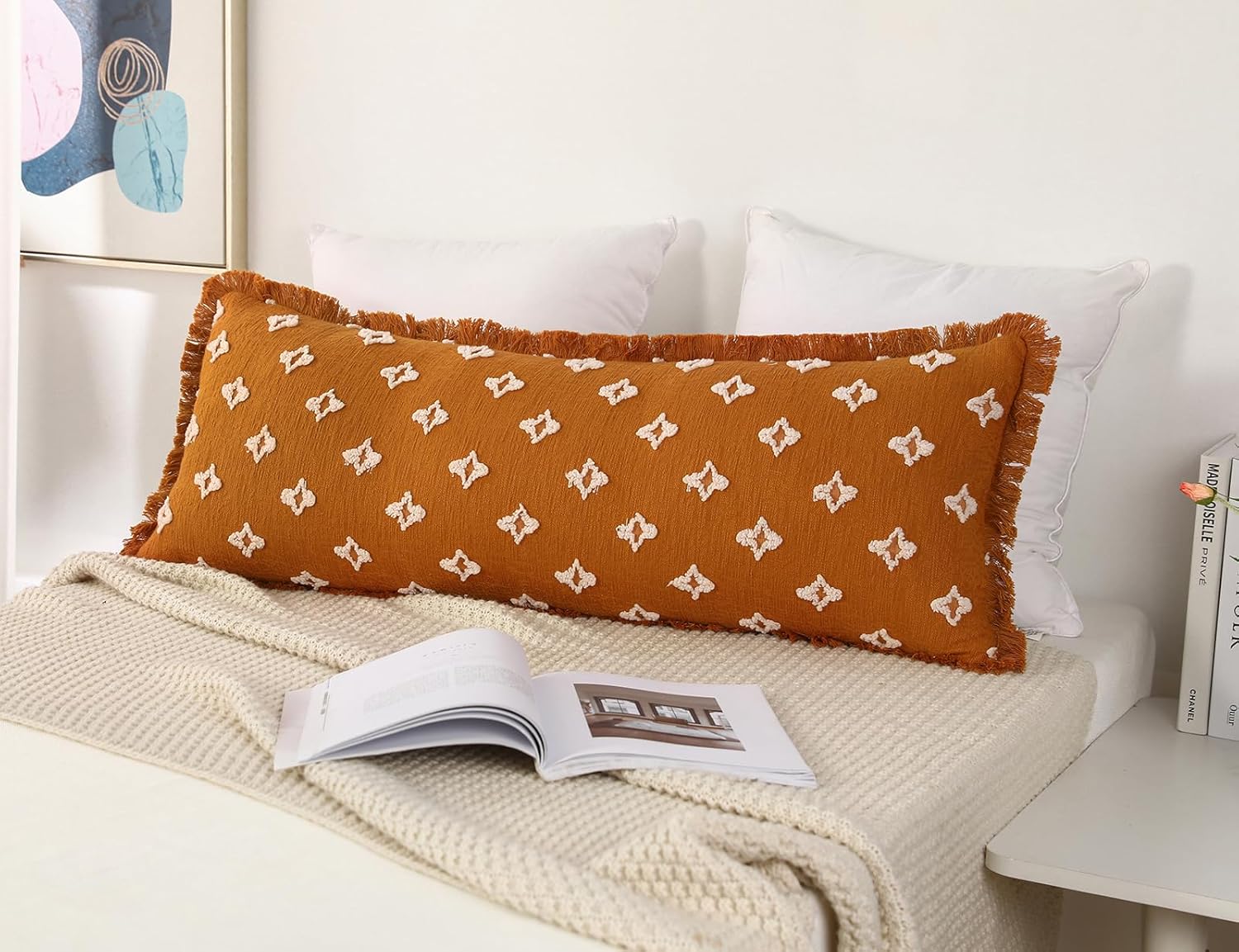 Boho Body Pillow Cover with Tassel Fringe,3D Flower Patterned Decorative Extra Long Lumbar Pillow Cover Pillow Case for Sofa Couch Bed Livingroom Farmhouse,21x54,Rust Red