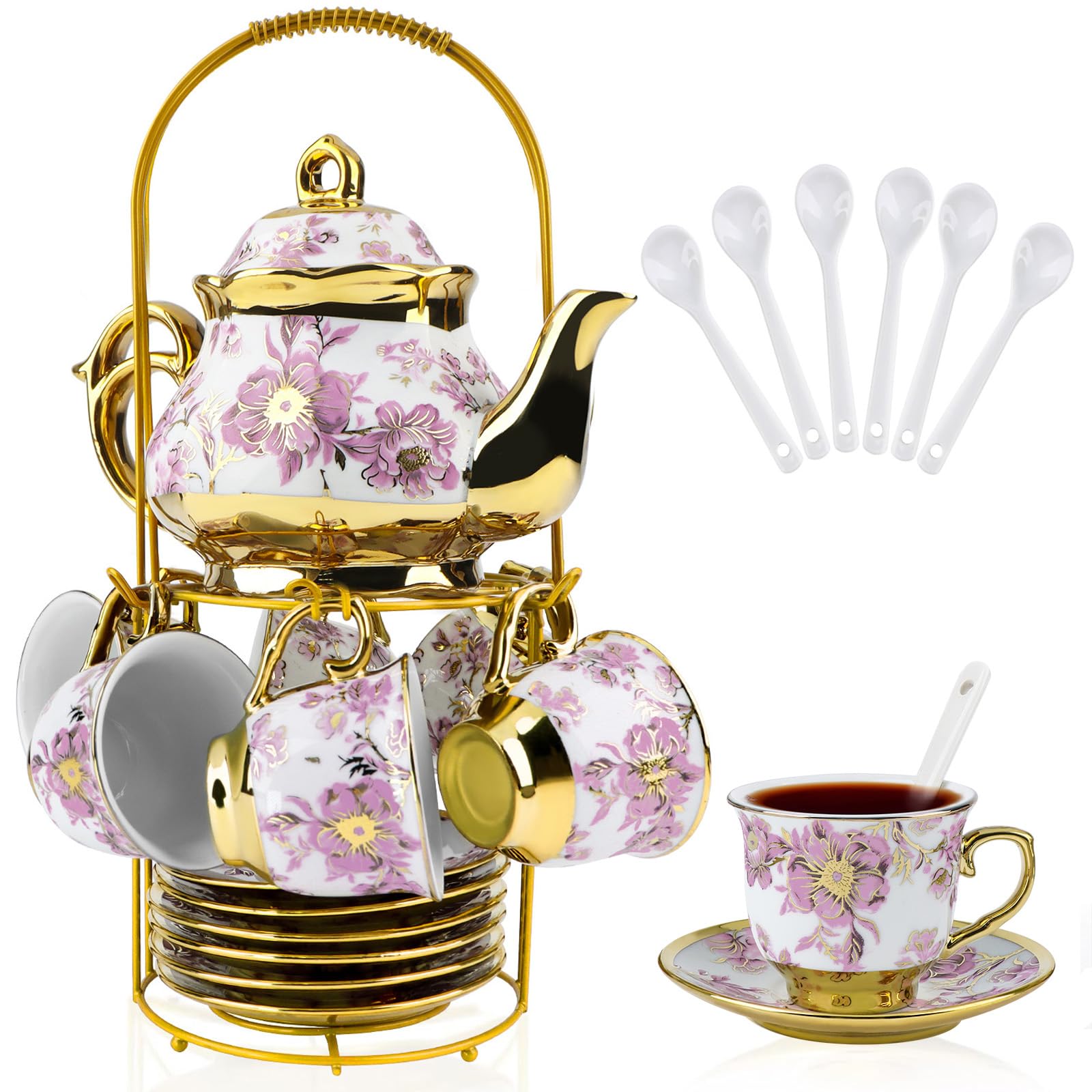 20 Pcs Porcelain Tea Set with Metal Holder, 700ml/23oz European Ceramic Tea Set for Adults, Adult Tea Set Gift, Flower Tea Cup Saucer Set for Party With Gold Flower Painting