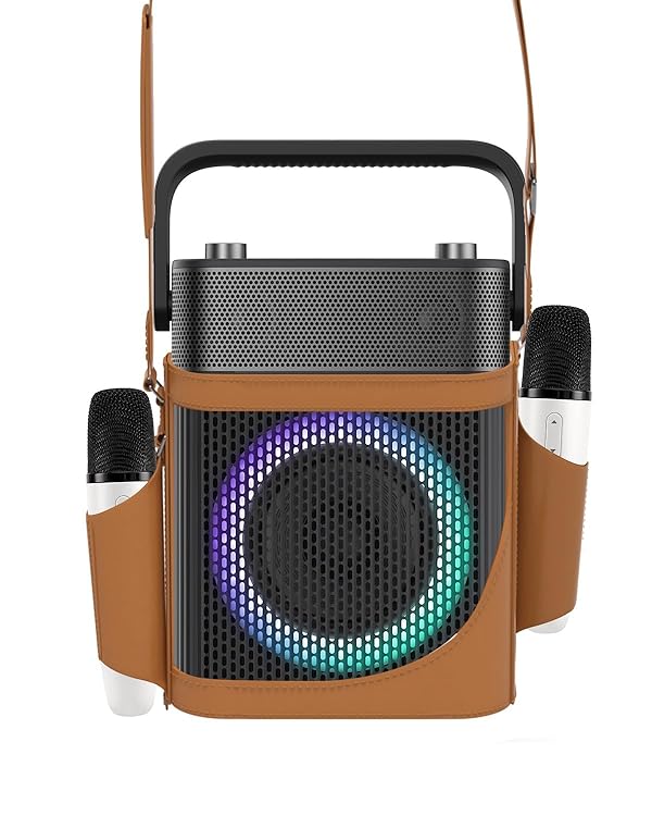Karaoke Machine with 2 UHF Wireless Microphones, IPX4 Waterproof Portable Bluetooth Speaker with Leather Bag for Samsung Apple TV Tesla Ford Car, Outdoor Speaker Karaoke Fit Bluetooth/AUX/USB (Black) by PUREMIC - Used condition - US$144.13