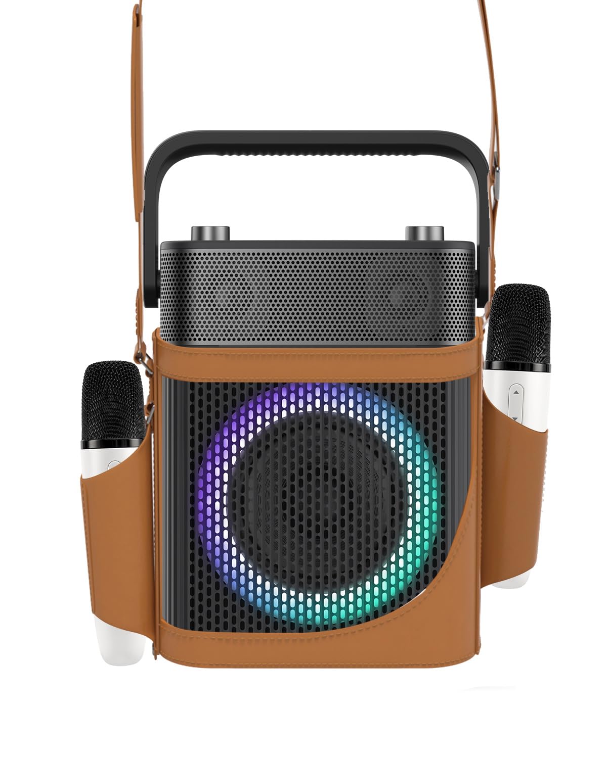 Máquina de karaoke con 2 micrófonos inalámbricos UHF, altavoz Bluetooth portátil impermeable IPX4 con bolsa de cuero para Samsung Apple TV, Tesla Ford, altavoz al aire libre, compatible con Bluetooth