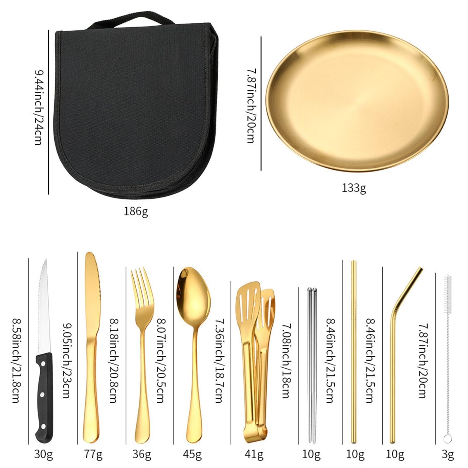 Juego de Cubiertos portátiles de Acero Inoxidable for Viajes, Camping y picnics al Aire Libre: Incluye Tenedor, Cuchara, Cuchillo y Plato.(Gold,18pcs)