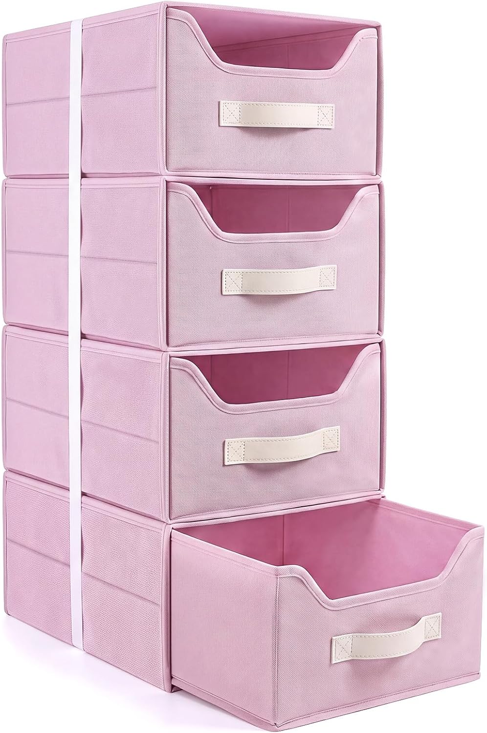 16" Stackable Closet Storage Drawers, 4 Pack Fabric Organizer for Dorm Room | Large Size, One-piece Frame, Stackable, for College Dorm, Pull-out Drawer, Closet Organizer, Foldable, Space Saving, Pink