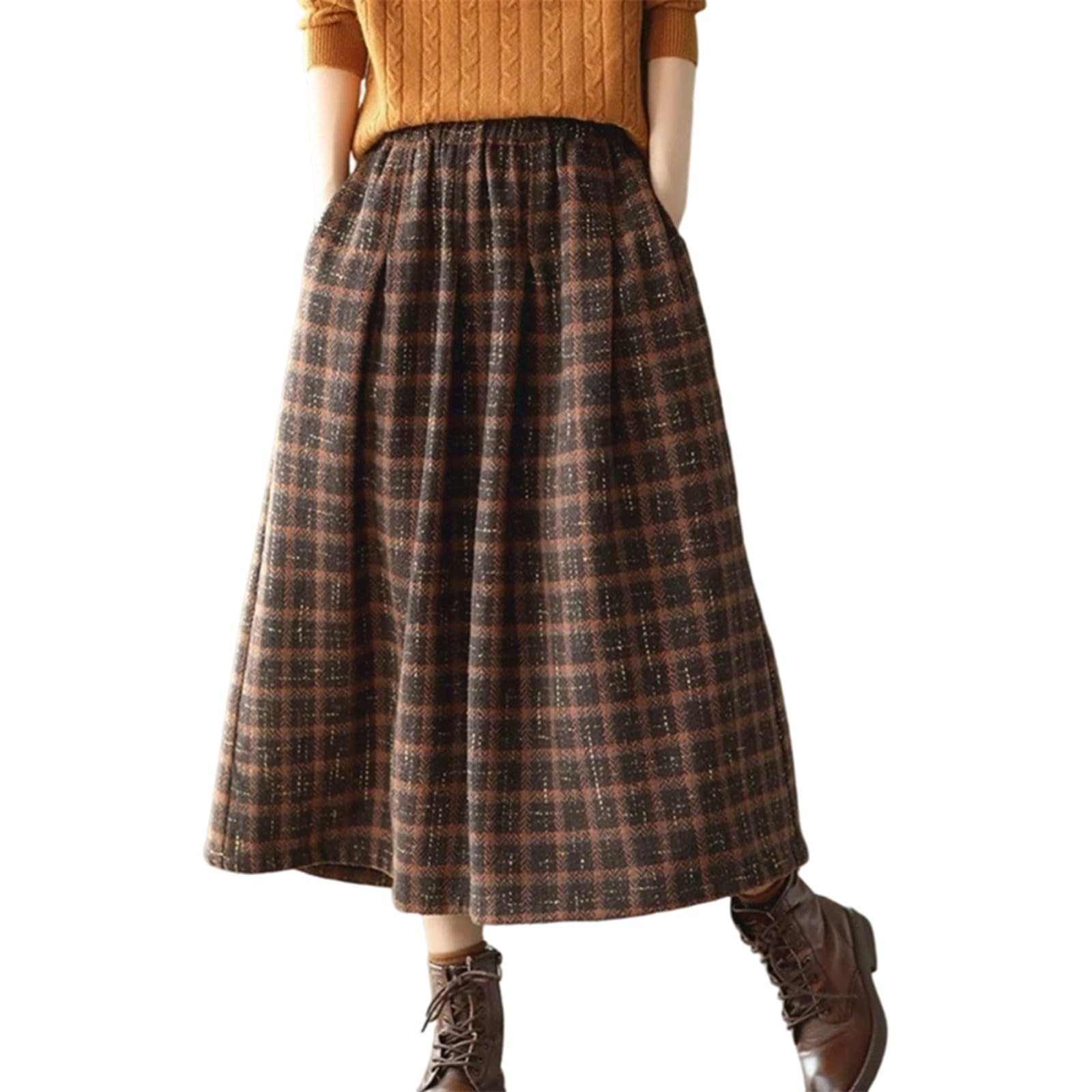 2026 Falda a cuadros de invierno para mujer de longitud midi para un atuendo cálido, elegante e informal. Falda de línea A con bolsillos.