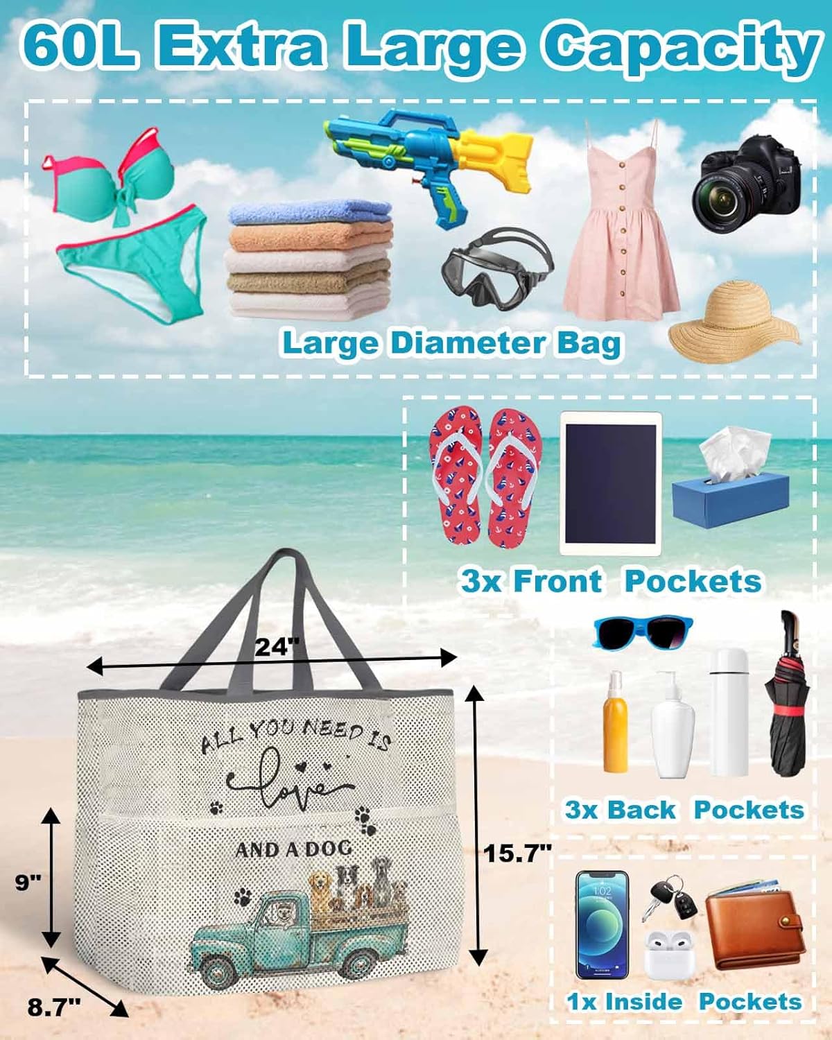 Mesh Beach Bag Travel Tote Bag with 8 Pockets Dog Doberman Fence Vintage Truck Extra Large Swim Pool Tote Bags for Women