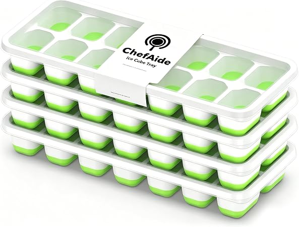 ChefAide 4‑Pack Ice Cube Trays with Lids, 56‑Cube Total Stackable