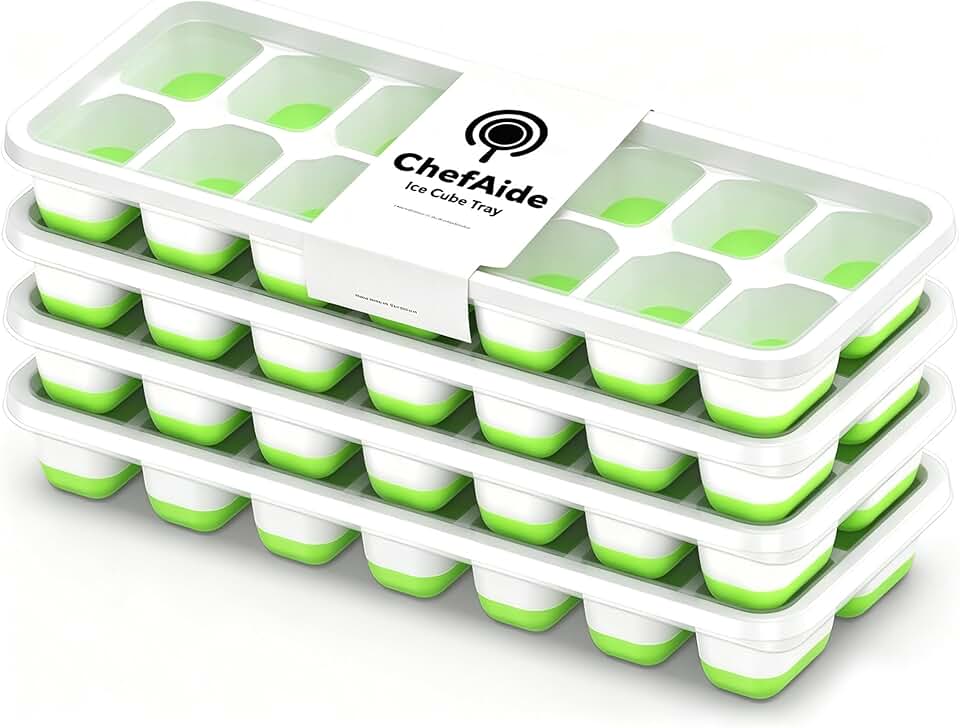 ChefAide 4‑Pack Ice Cube Trays with Lids, 56‑Cube Total Stackable Freezer Ice Trays, Durable Silicone & Plastic Easy‑Release Ice M