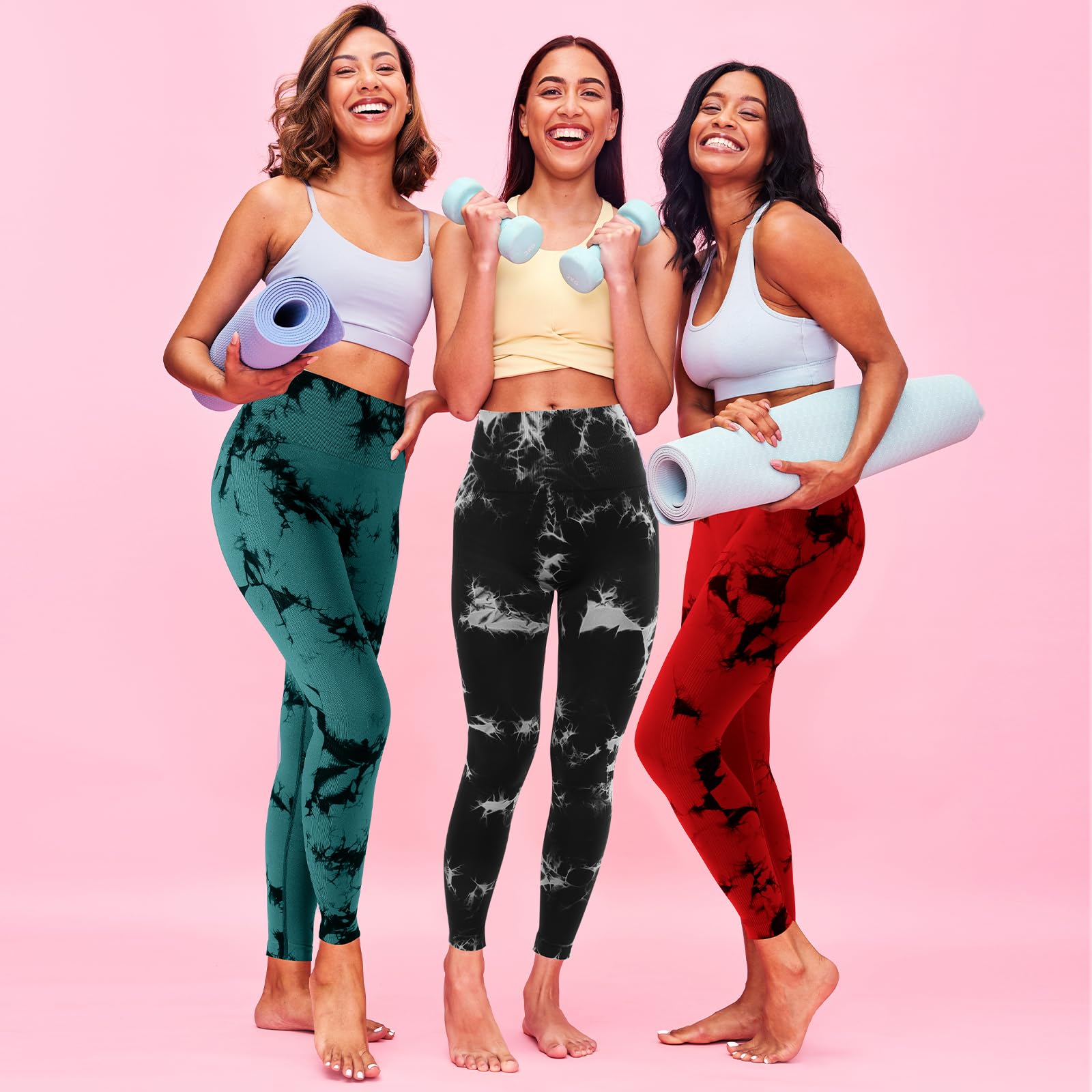 Geyoga Paquete de 3 leggings para mujer, teñido anudado, sin costuras, elásticos, levantamiento de glúteos, entrenamiento, para gimnasio
