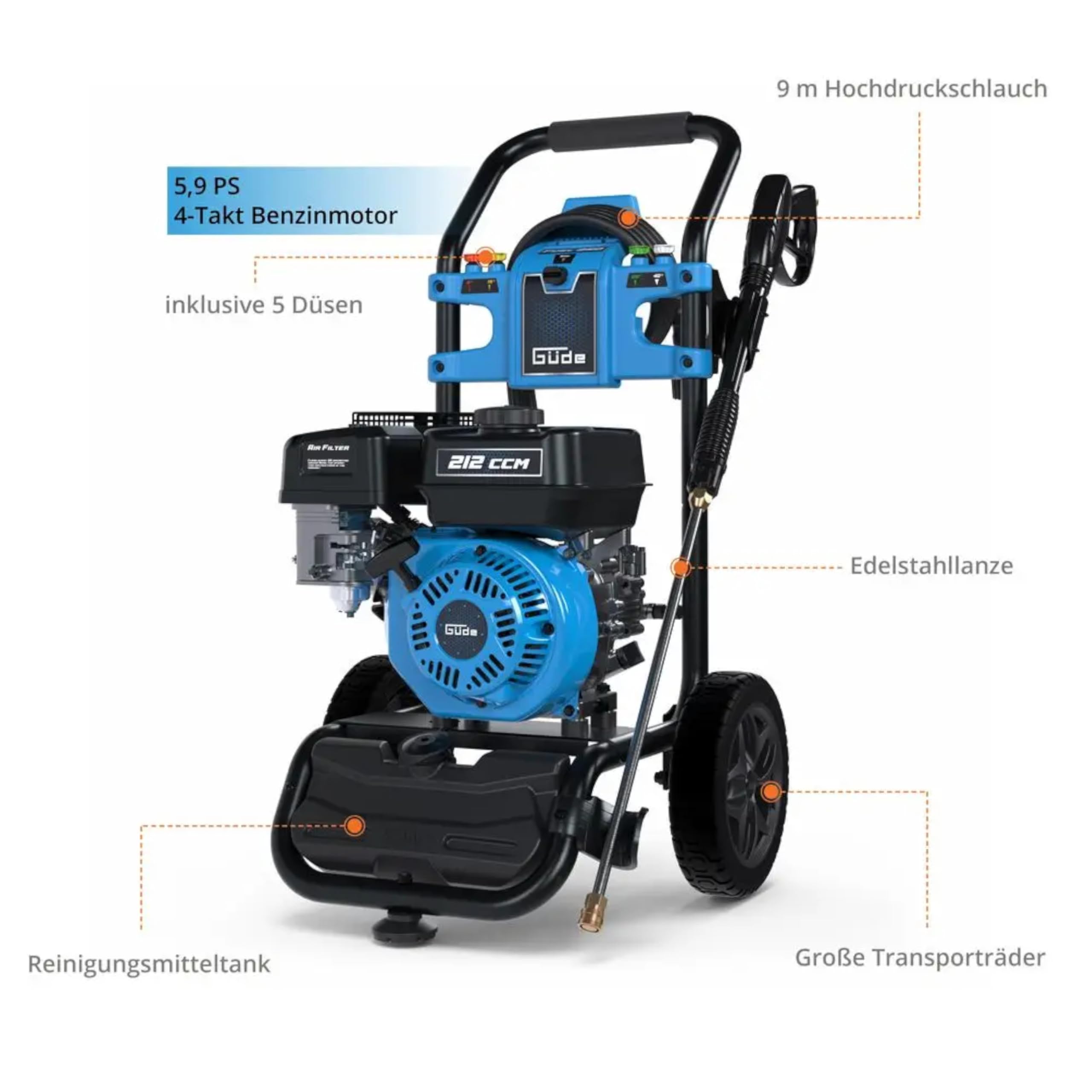 GÜDE Gasolina Hidrolimpiadora Fuel 250 – 234 Bar presión de Trabajo, 590 l/h, Motor de 4 Tiempos, Manguera de 9 m, depósito de detergente, 5 boquillas