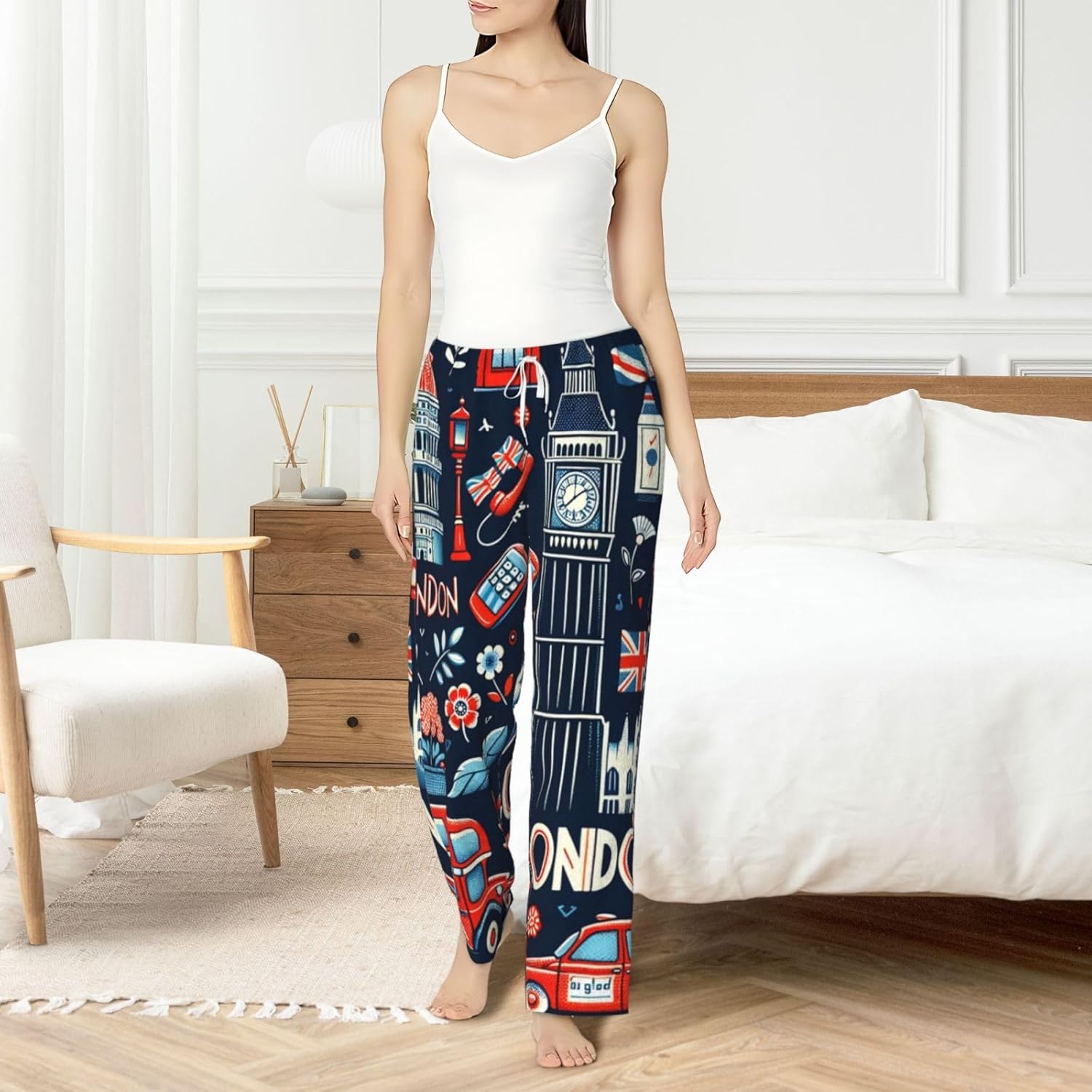 Women'S London-Iconic-British-Pattern Fleece Pajama Pants, Cozy Flannel Lounge Bottoms For Women