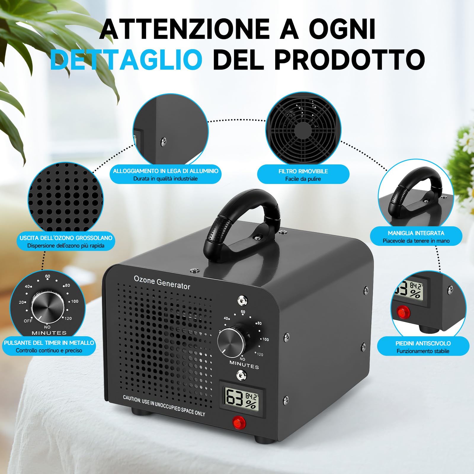 Generatore di Ozono 60000mg/h, Purificatore d'Aria Ozono con 120 Min Timer, Temperatura, Display di Umidità, Ozonizzatore per Auto, Casa, Ambiente, Fumo, Odori di Animali Domestici e Cucina
