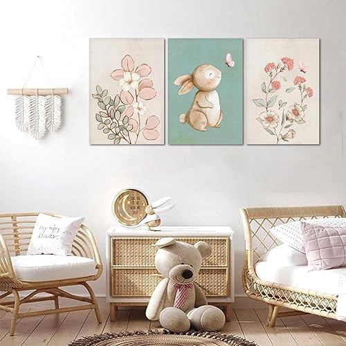 Miniatura 5 de Dytila Juego de 3 cuadros enmarcados para pared de guardería, cuadros botánicos de flores rosas, pinturas de conejitos verdes, impresiones en lienzo