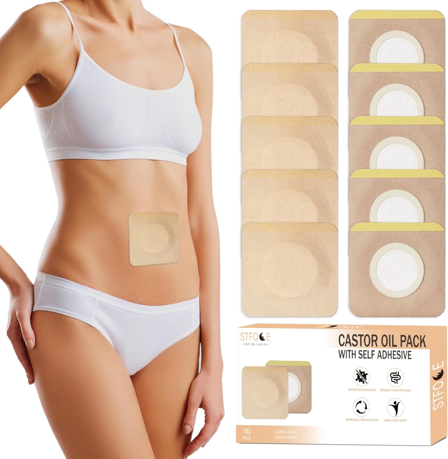 10pcs Castor Oil Pack Wrap, Disposable Castor Oil Pack for Belly Button, Organic Cotton Pad Self-Adhesive, Highly Absorbent, No Leakage, No Wash, Portable(Khaki)