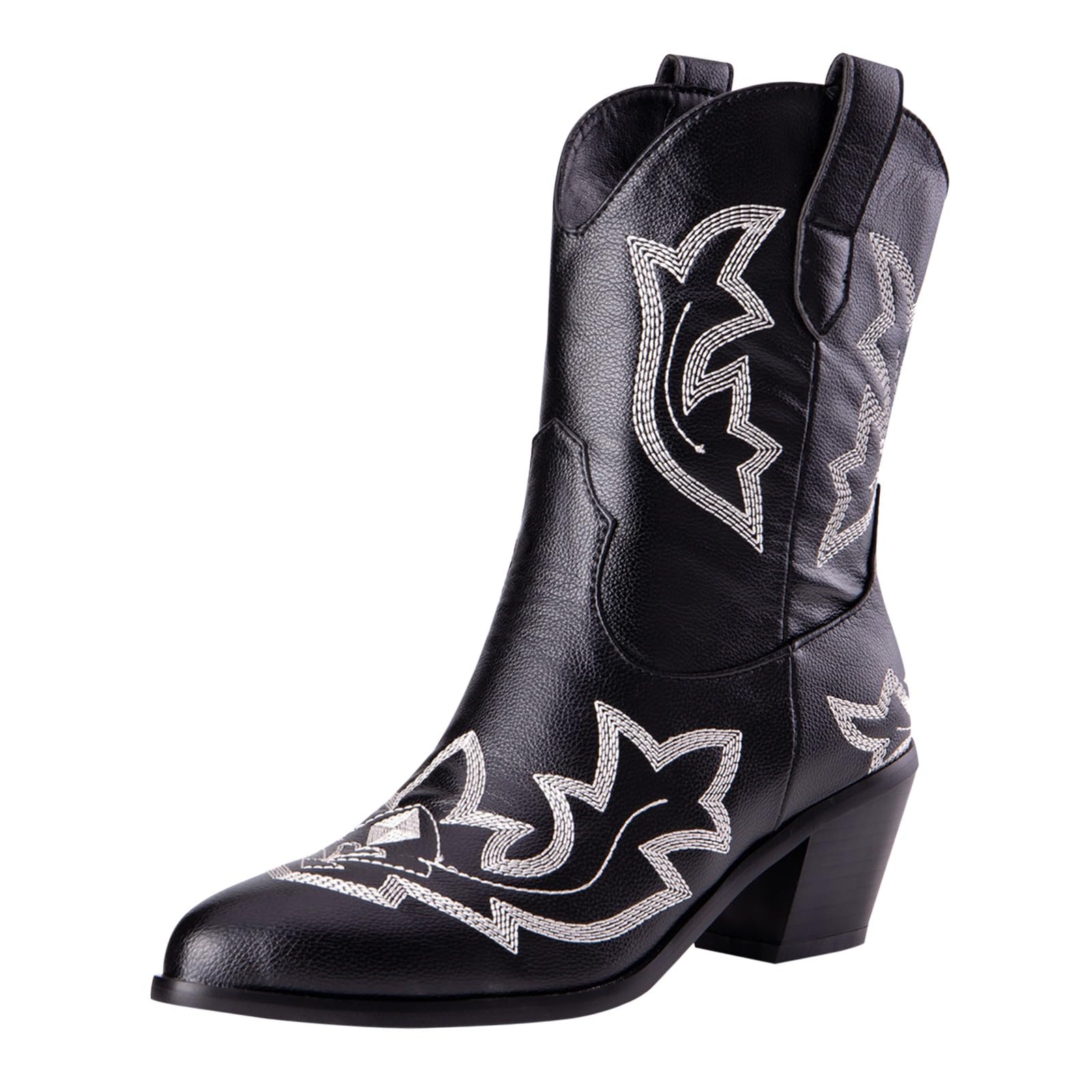 Stivali da donna a metà polpaccio da cowboy western, classici vintage, ricamati, tacco a blocco, in pelle PU, stivali da donna in stile country equitazione western scarpe da sposa, Nero , 44 EU