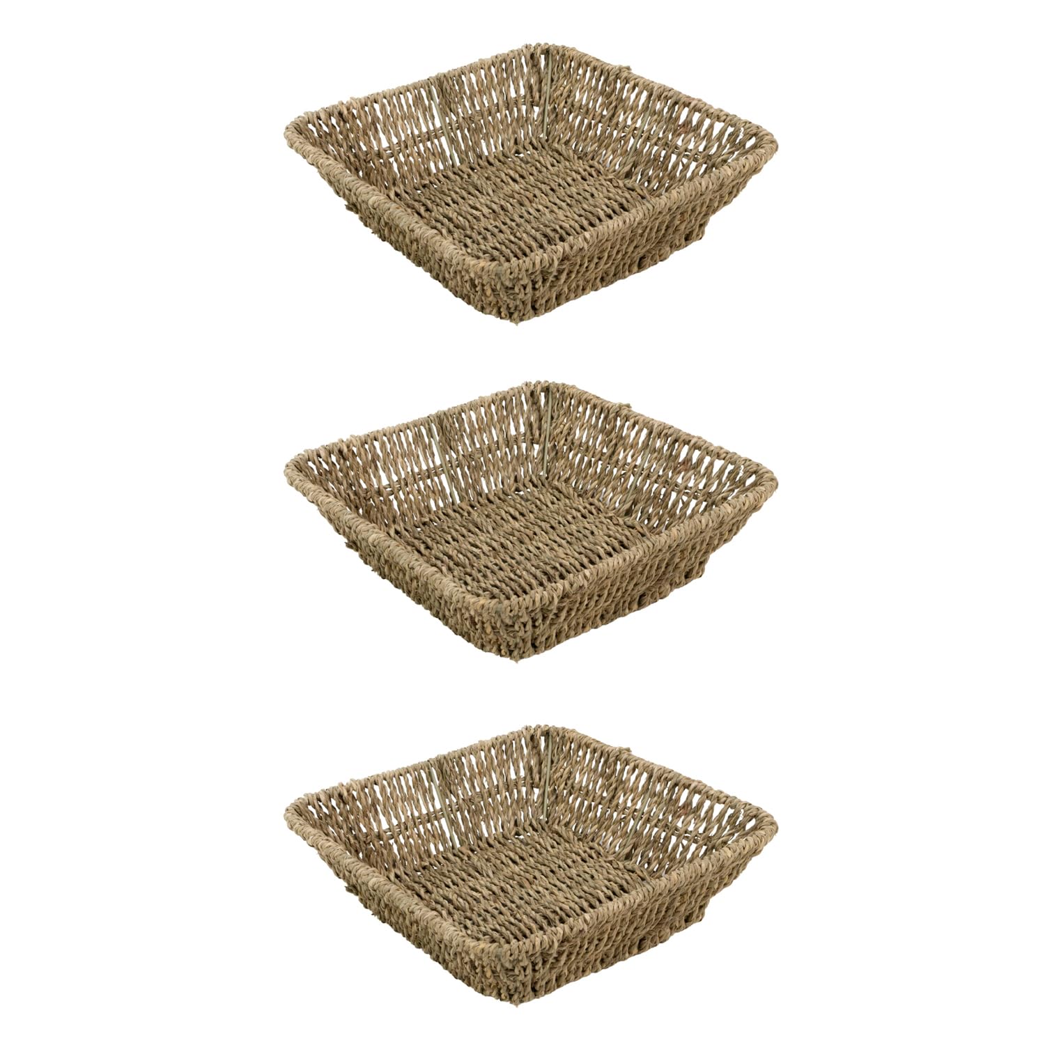 JVL Set of 3 Square Tapered Seagrass Storage Tray – Natural Hand Woven Basket for Home Organisation, Brown