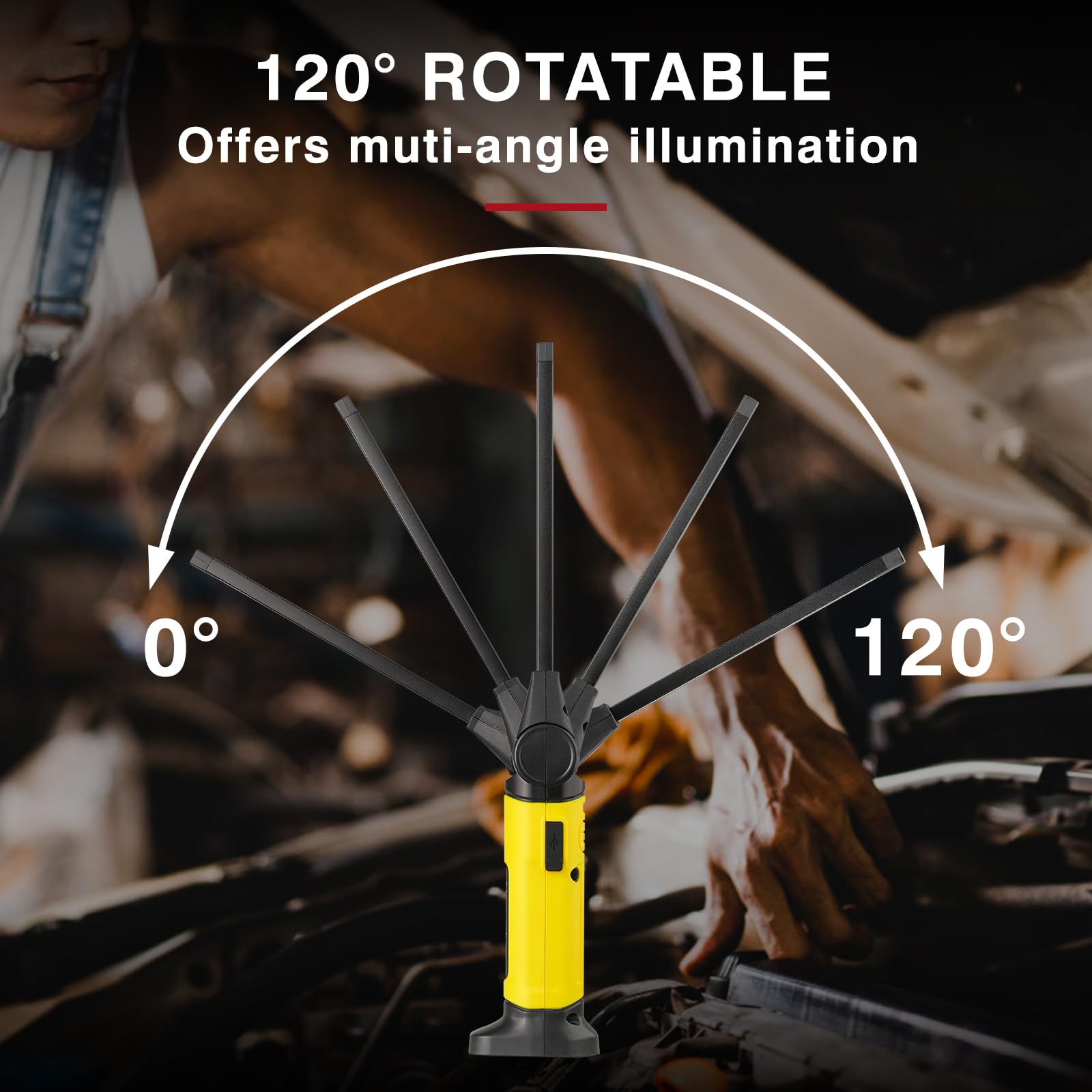 Lampe torche LED rechargeable, lampe d'inspection 1000 lumens avec base magnétique, rotation à 120 °, 3 modes, lumière d'inspection portable pour réparation de voiture, camping et urgence