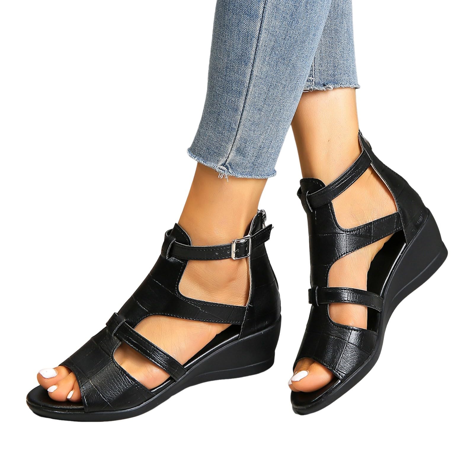 2025 Sandales et Nu-pieds Femme Compensées Bout Ouvert Sandale Confortable de Plage Pantoufles Femme Ete Respirantes Semelles Épaisses Sandales Anti-dérapant Chaussures Bohemia Romain Sandals