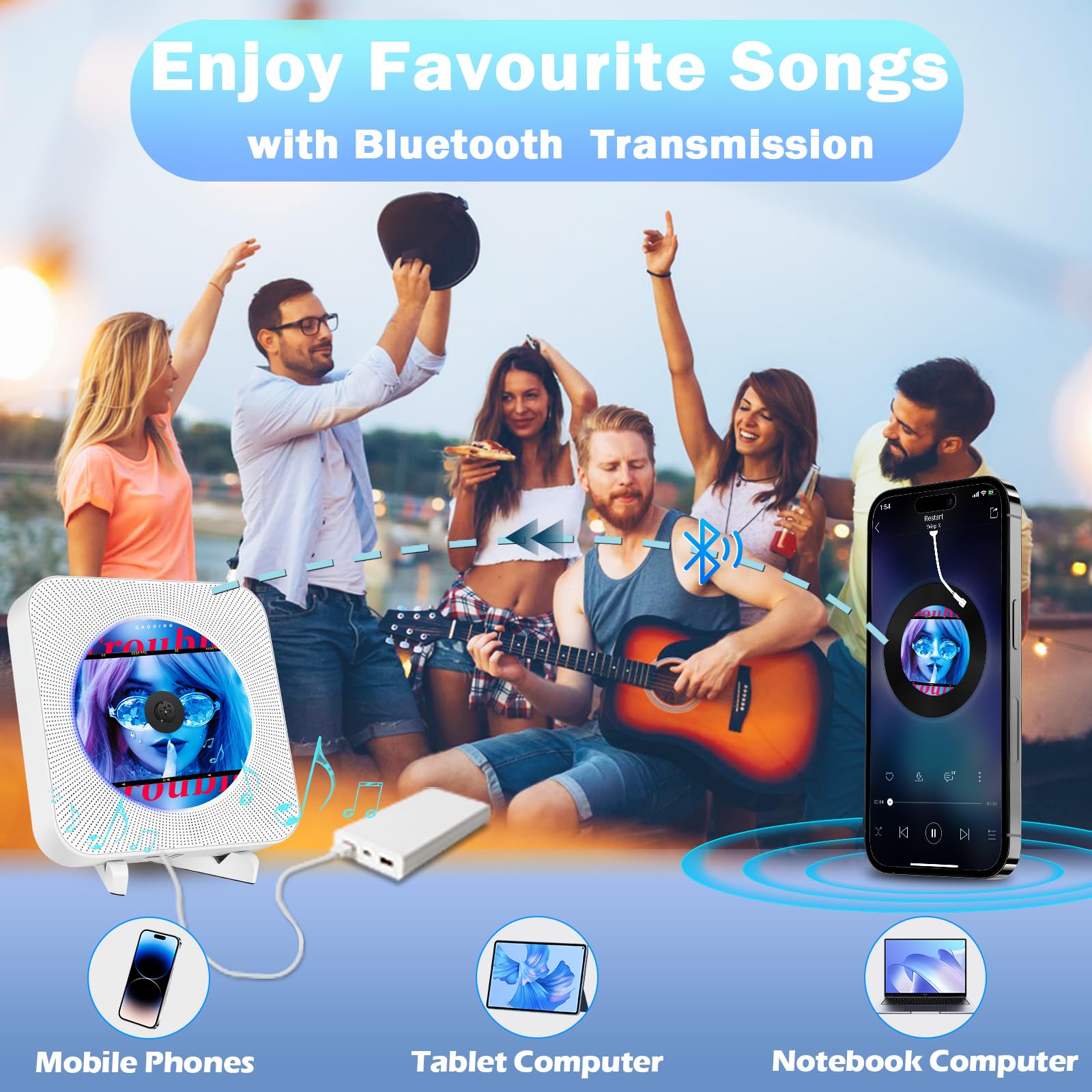 Odtwarzacz CD Bluetooth z Głośnikiem Hi-Fi, Naścienny Odtwarzacz CD do Domu, FM/USB/Wejście Słuchawkowe AUX,CD-Player z Pilotem Zdalnego Sterowania