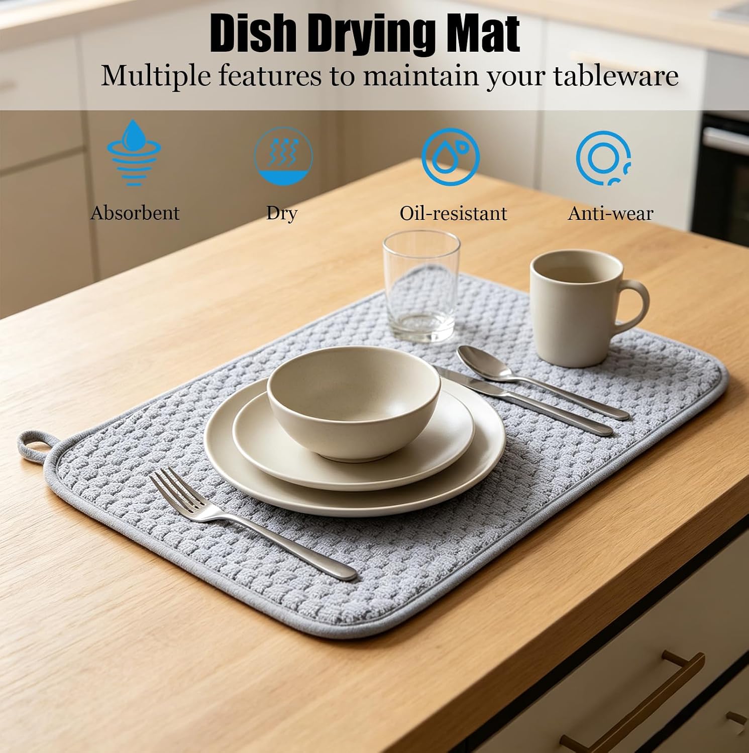 SEIWEI 2 PCS Grey Dish Drying Mat, 15.8’’ x 11.8’' Absorbent Microfiber Dishes Drainer Mats Heat Resistant Non-slip Dish Drying Pad for Kitchen Counter, Utensils, Pots, Pans, Coffee Machine