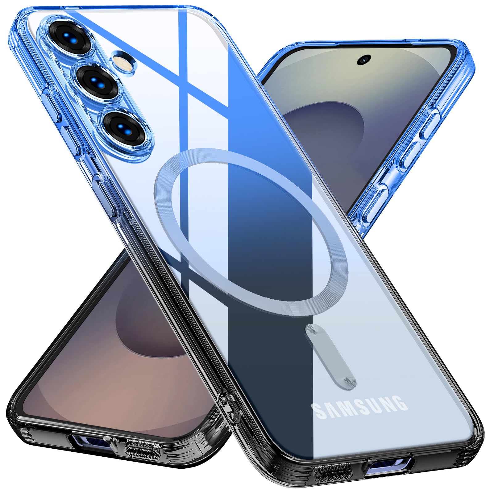 QOUNVYW 向け Galaxy S25 用のケース Magnetic対応 クリア グラデーション色 耐衝撃 TPU ブルー/ブラック