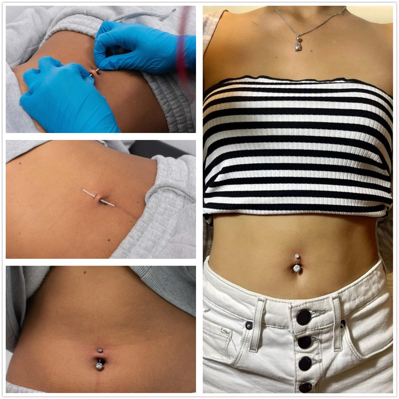 WillTen Zestaw 10 kolczyków do pępka, z pistoletem do piercingu, ekstra 13 g, 14 G, z chirurgicznej stali nierdzewnej 316L, do pępka, nosa, sutków, języka
