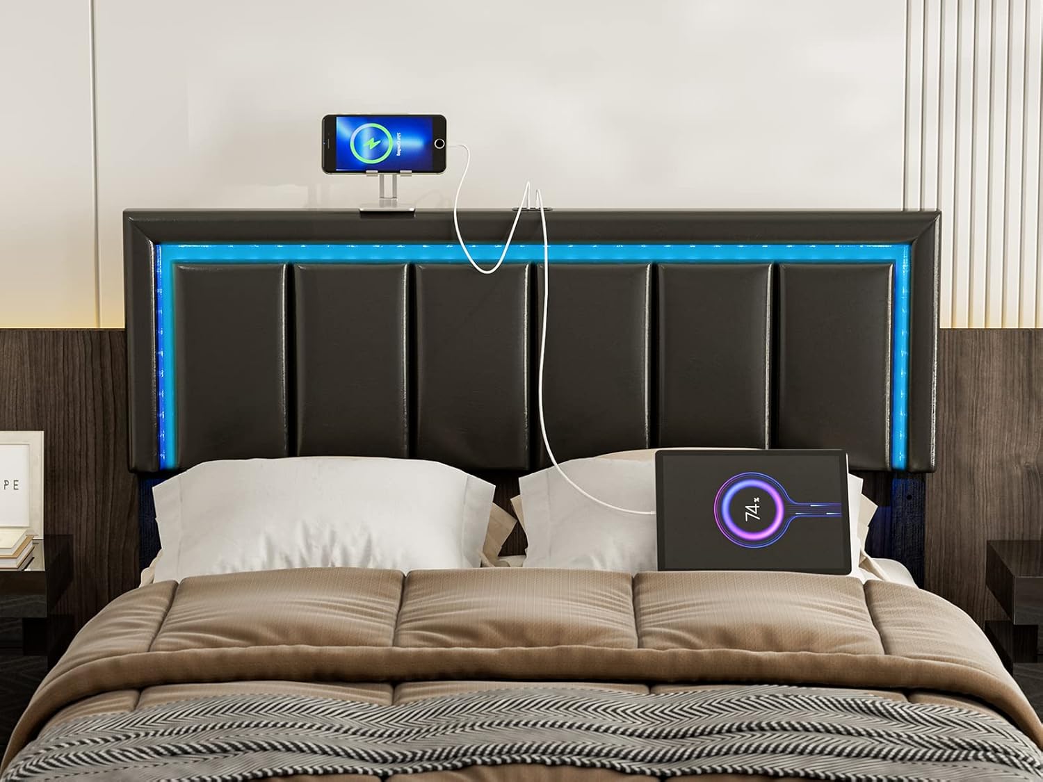 IKIFLY Full Size LED Headboard with 2 USB Ports, Adjustable Height - Modern Upholstered Faux Leather Full Headboard Only with Changing LED Lights, Easy Assembly, Black