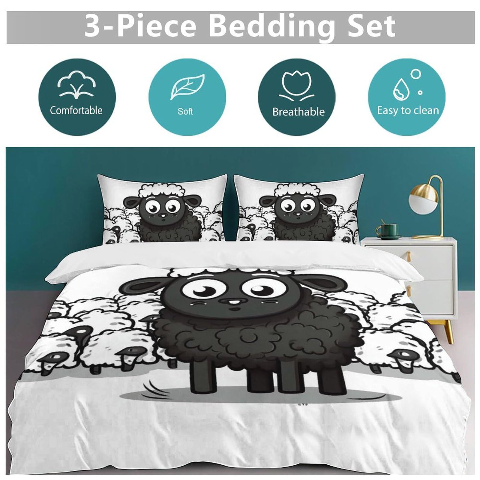 Set di biancheria da letto, 3 pezzi, ultra morbido, spesso, con pecore bianche e nere, con 2 federe, leggero, double-face, per casa/hotel/regali, 218,4 x 177,8 cm