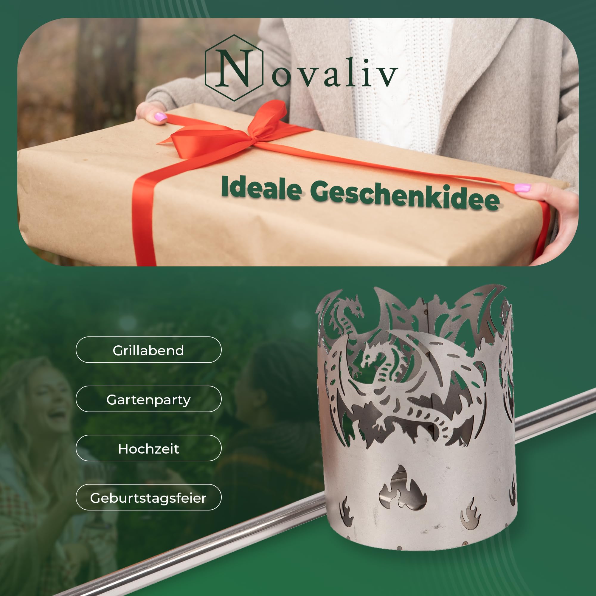 Novaliv Pochodnia ogrodowa smok koksownik metalowy z trzonkiem lampa solarna LED