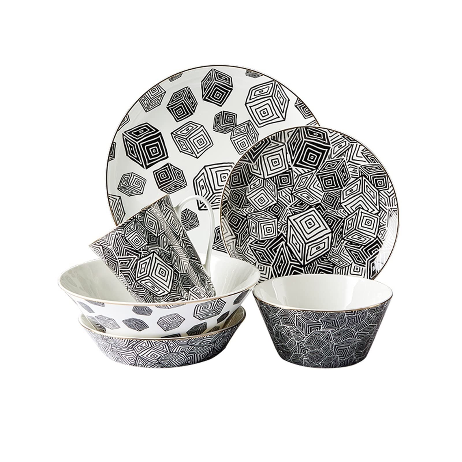 Assiettes À Dîner D'Intérieur Ou D'Extérieur Ensemble D'Assiettes À Dîner en Céramique Assiette À Dîner Ronde Noire Et Blanche 6 Pièces en Porcelaine De Qualité