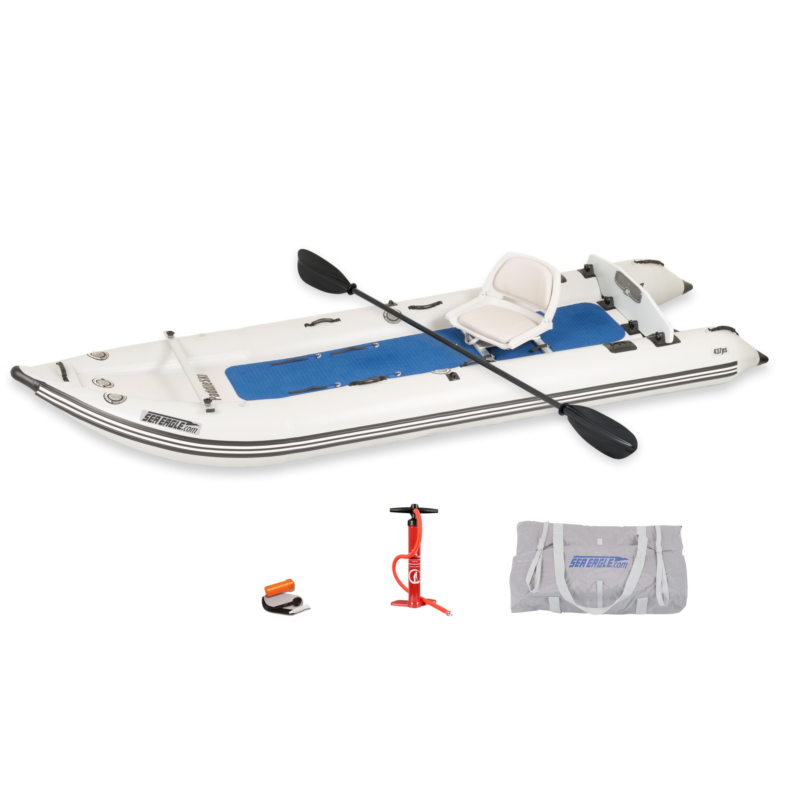 Sea Eagle 437ps PaddleSki Inflatable 1-2 Person Catamaran Boat – Paddle, Motor, Fish, or Sail – 4-in-1 Inflatable Watercraft – Self Bailing (437ps PaddleSki Solo Start Up Package)