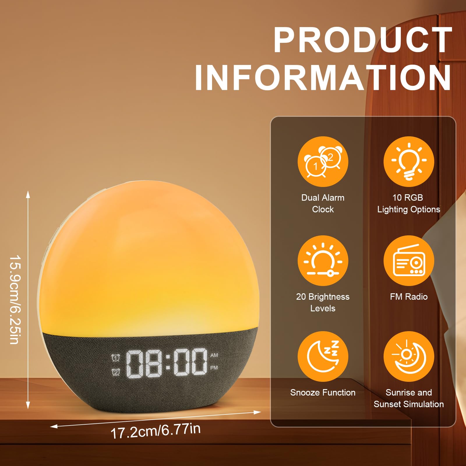 Sunrise Alarm Clock, Despertador Luz Natural, 10 Luces de Colores, 24 Sonidos Naturales