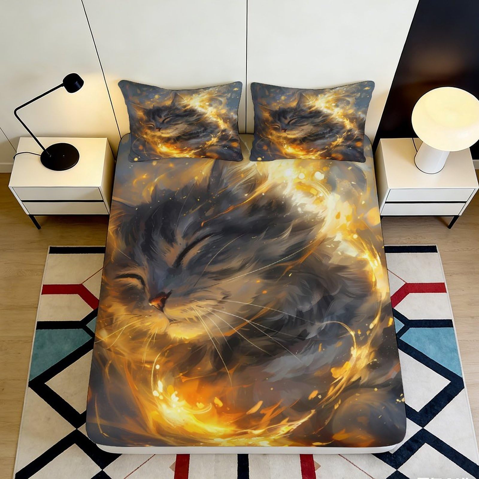 3D Printed Fiery Cat Fitted Sheet Microfiber Soft Bedroom Decor Fantasy Animal Mattress Cover Dustproof Washable 90x200x25cm