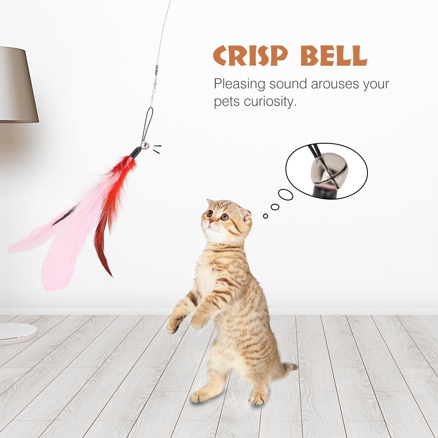 Pawaboo Feather Teaser Cat Toy, 7PCS Interactive Retractable Interchangeable Feather Wand Flying Feather Cat Catcher with Extra Long 38.6" Wand and Small Bells, Fun Cat Playing Toy, Colorful Stripes