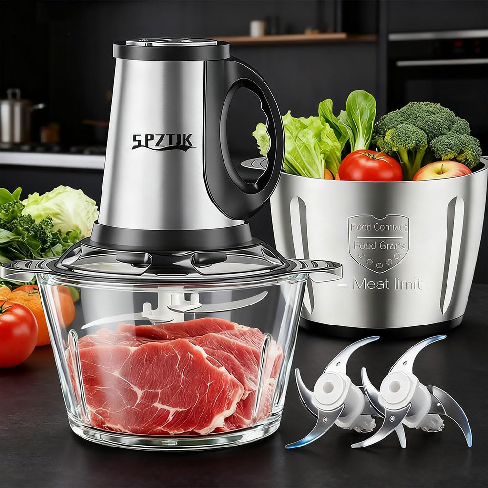 300 W, tritacarne elettrico a 3 velocità con 8 tazze in acciaio inox e 8 tazze, macinacaffè, 2 set di 4 lame a due livelli, verdure