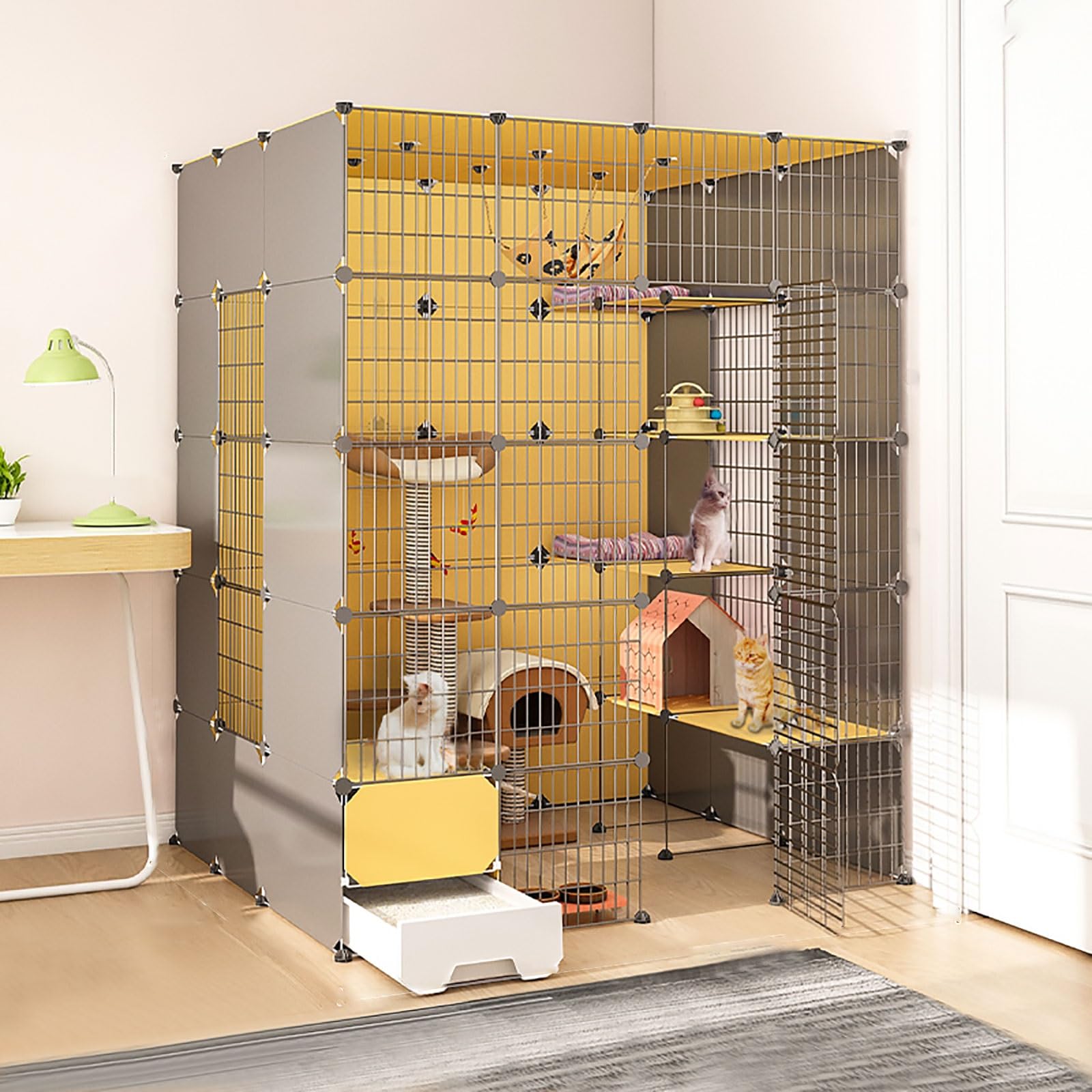 HTTGDGDH Cat Cages Indoor, Large Cat Cage With Litter Box, Diy Cat Playpen Cat Enclosure Removable Wire Kennel Crate Small Animals Cages, Large Exercise Place Ideal For Cat,147x141x183cm