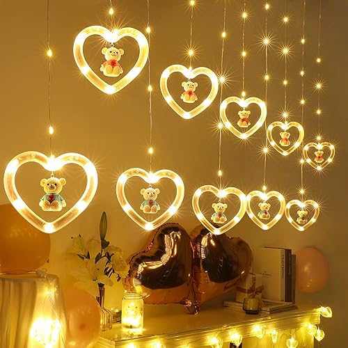 BLOOMWIN Guirnalda de luces de cortina de corazón para el día de San Valentín luces de hadas en forma de corazón con oso rosa y azul decoraciones