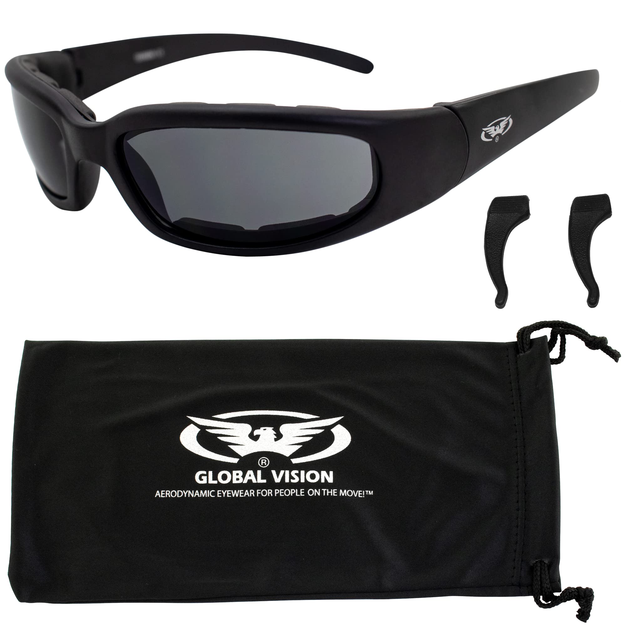 Global Vision Chicago Foam Padded Motorcycle Sunglasses Rubber Ear Locks and Microfiber Pouch 3 Pair Black Frame