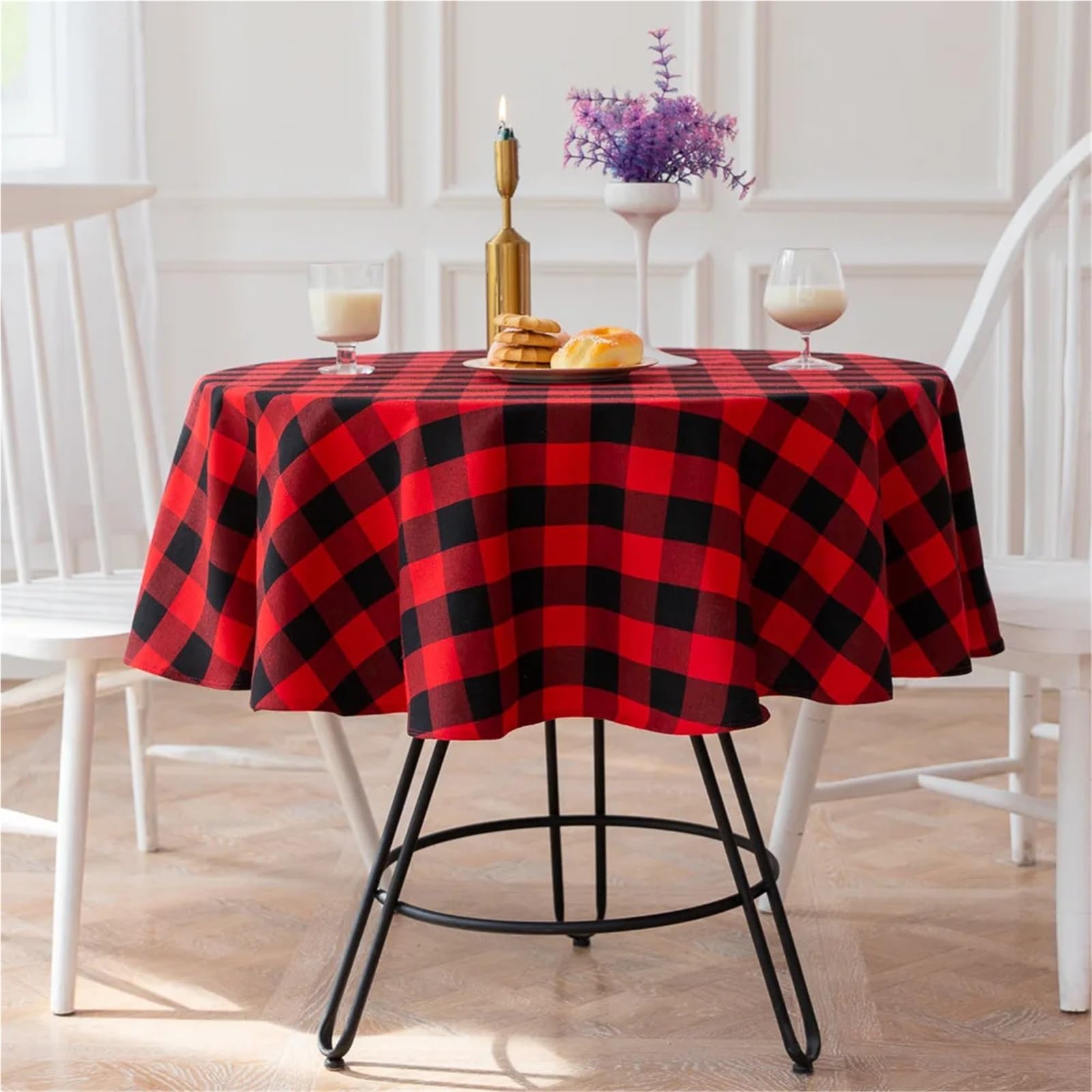Mantel Redondo a Cuadros for Mesa, decoración navideña for reunión Familiar, Restaurante, Fiesta, Cena, decoración del hogar para Banquetes Y Fiestas(Red Black Plaid,90CM)