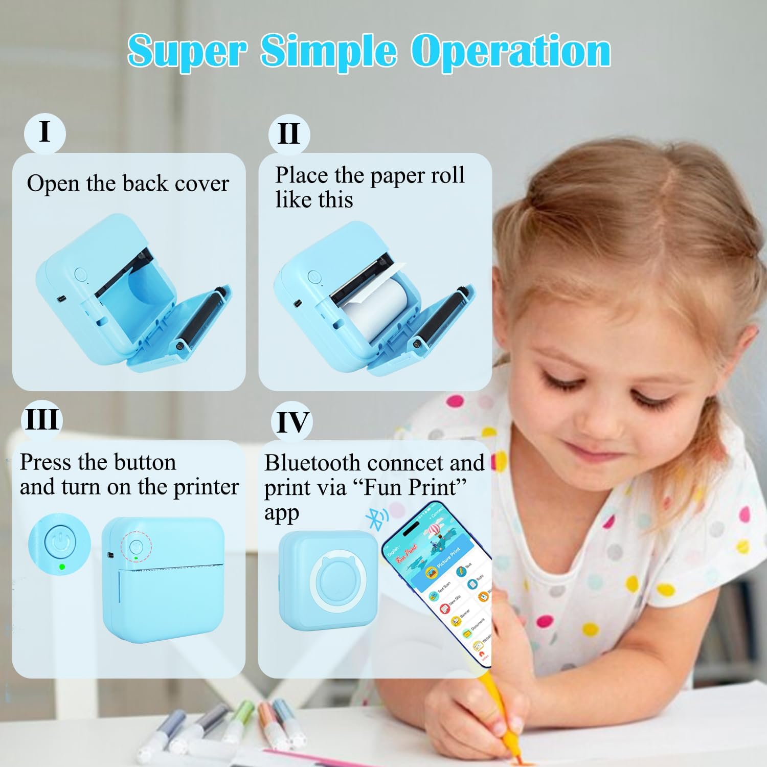 Mini Thermal Inkless Sticker Printer with 14 Rolls Paper, Compatible with iPhone/Android Phone/Tablet, Mini Pocket Printer for Photos/Stickers/Labels/Notes, Blue