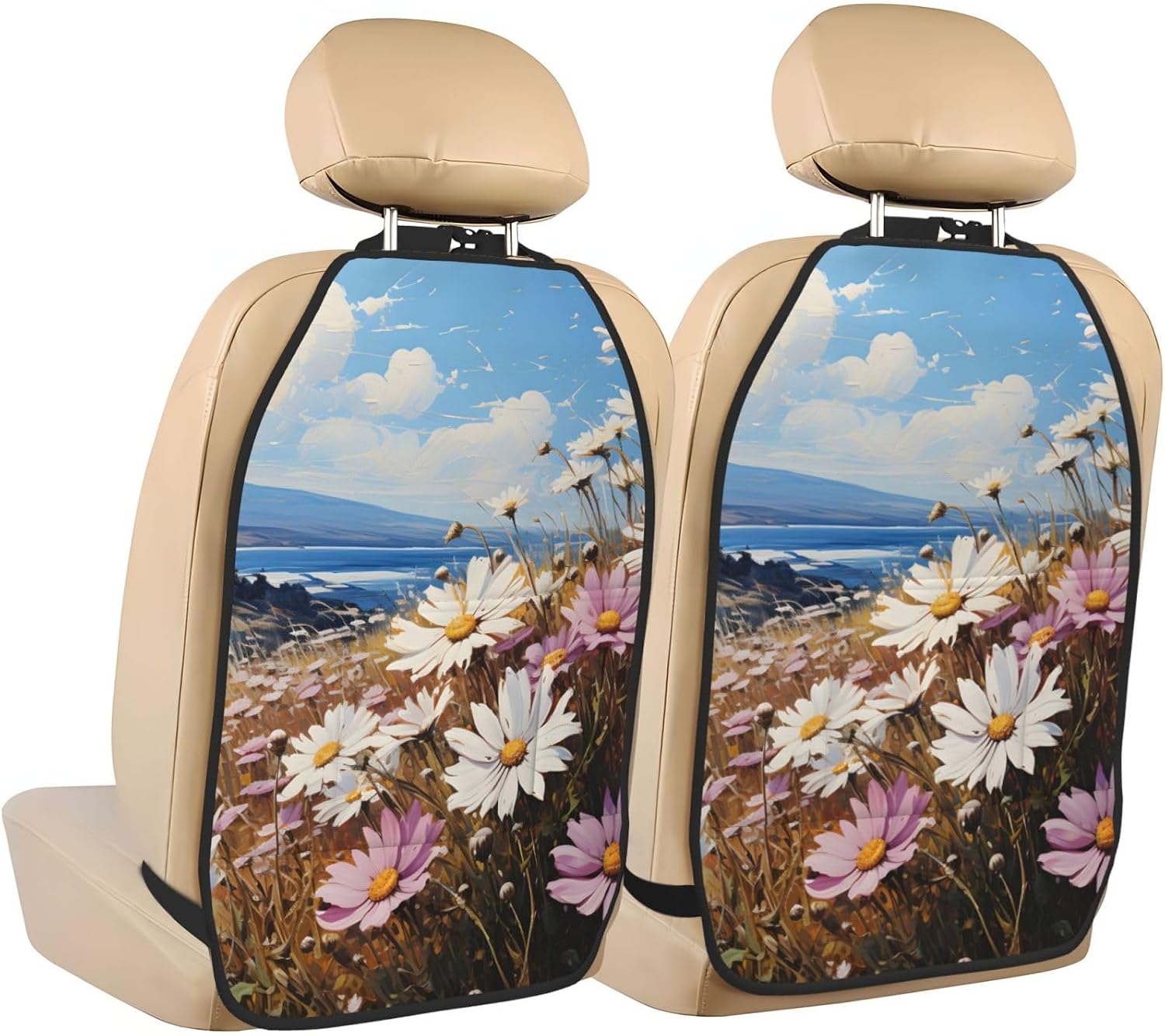 Car Seat Back Kick Protector 2 Pack 18.5x26.4 Inch, Vintage Daisy Field Anti-Kick Pad, Waterproof Oxford Fabric Large Rear Seat Cover for Kids Pets Fits SUV Jeep Truck Sedan