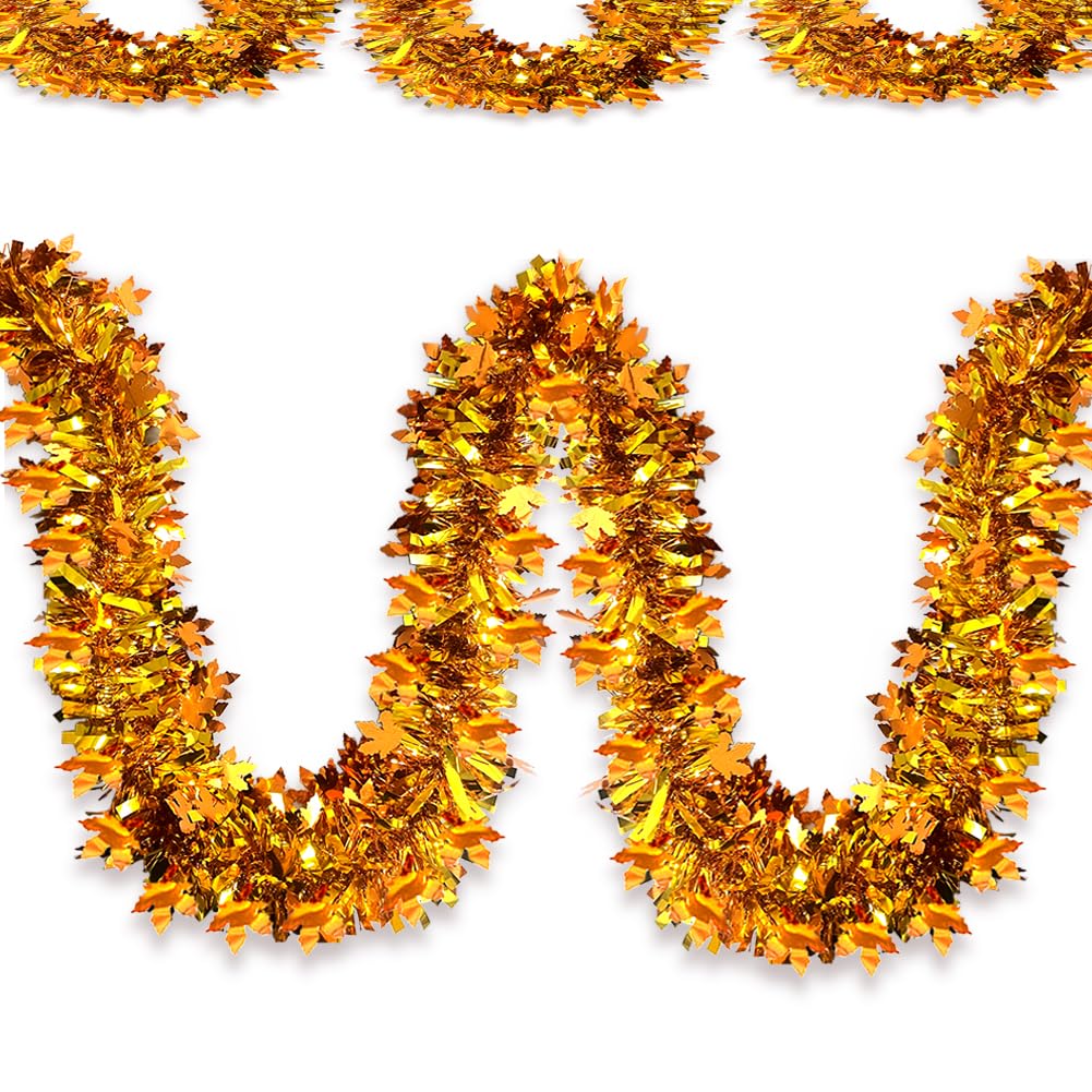 Guirnalda de oropel de Acción de Gracias – Guirnalda de otoño metálica brillante de 66 pies con purpurina para colgar decoraciones colgantes para fiestas de Acción de Gracias, suministros de