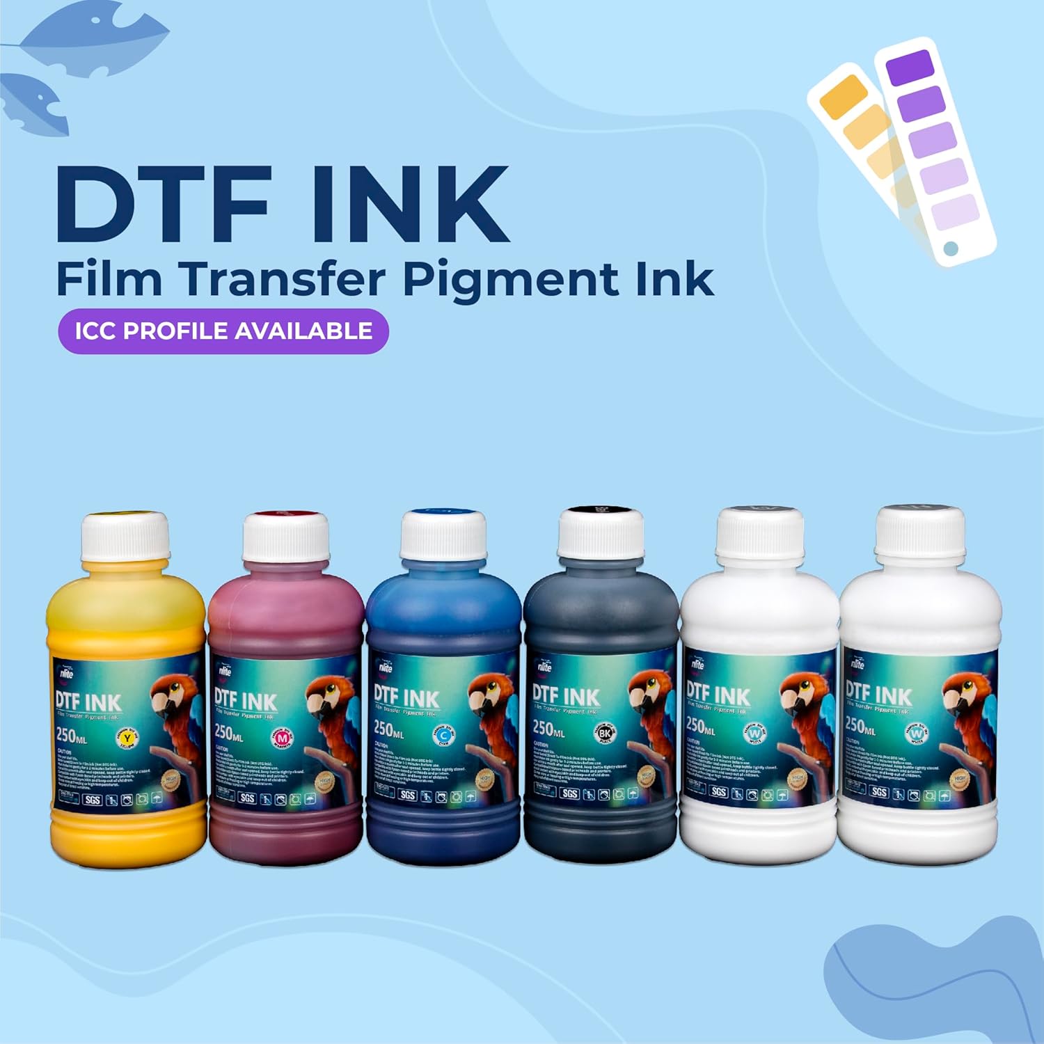 Enlite DTF Ink 250ML Combo Pack, Premium Pigment Ink for PET Film Heat Transfer Printing, Refill for DTF Printer with printhead DX5 DX7 5113 XP600 I3200 4720 TX800, 2W+1B+1C+1M+1Y