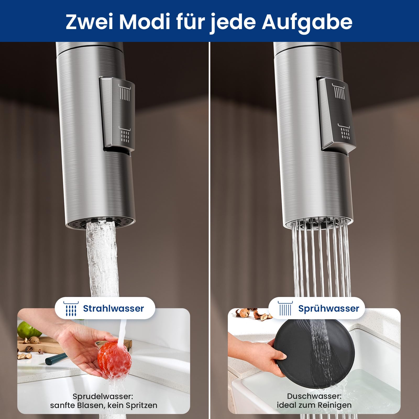 CECIPA Wasserhahn Küche Ausziehbar, Hochdruck Küchenarmatur Edelstahl, 360° Schwenk Armatur Küche mit Hohem Bogen, Robust & Leckagefrei, Einfache Installation, Mischbatterie mit Zugauslauf für Spüle | Vasenförmiger Körper, ausziehbare Brause, 360 Grad sch